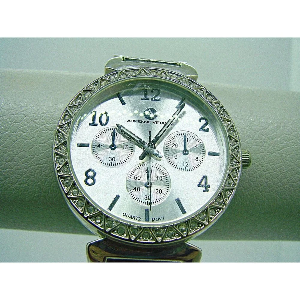 Adrienne Vittadini Womens Silver Rhinestone Chronographic Wristwatch Metal Band